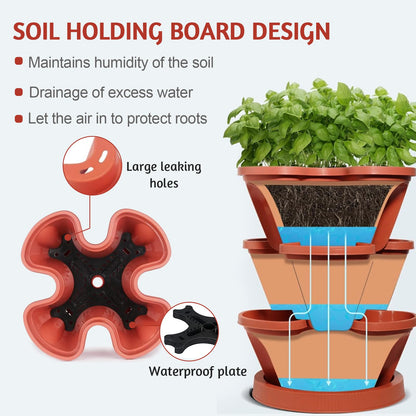 SunFunUSA 7 Tier Vertical Strawberry Planter-Tower Stackable Herb Planter Stacking Garden Planters Pot Outdoor with Tools Mover for Growing Flowers, Vegetables and Succulents, Red