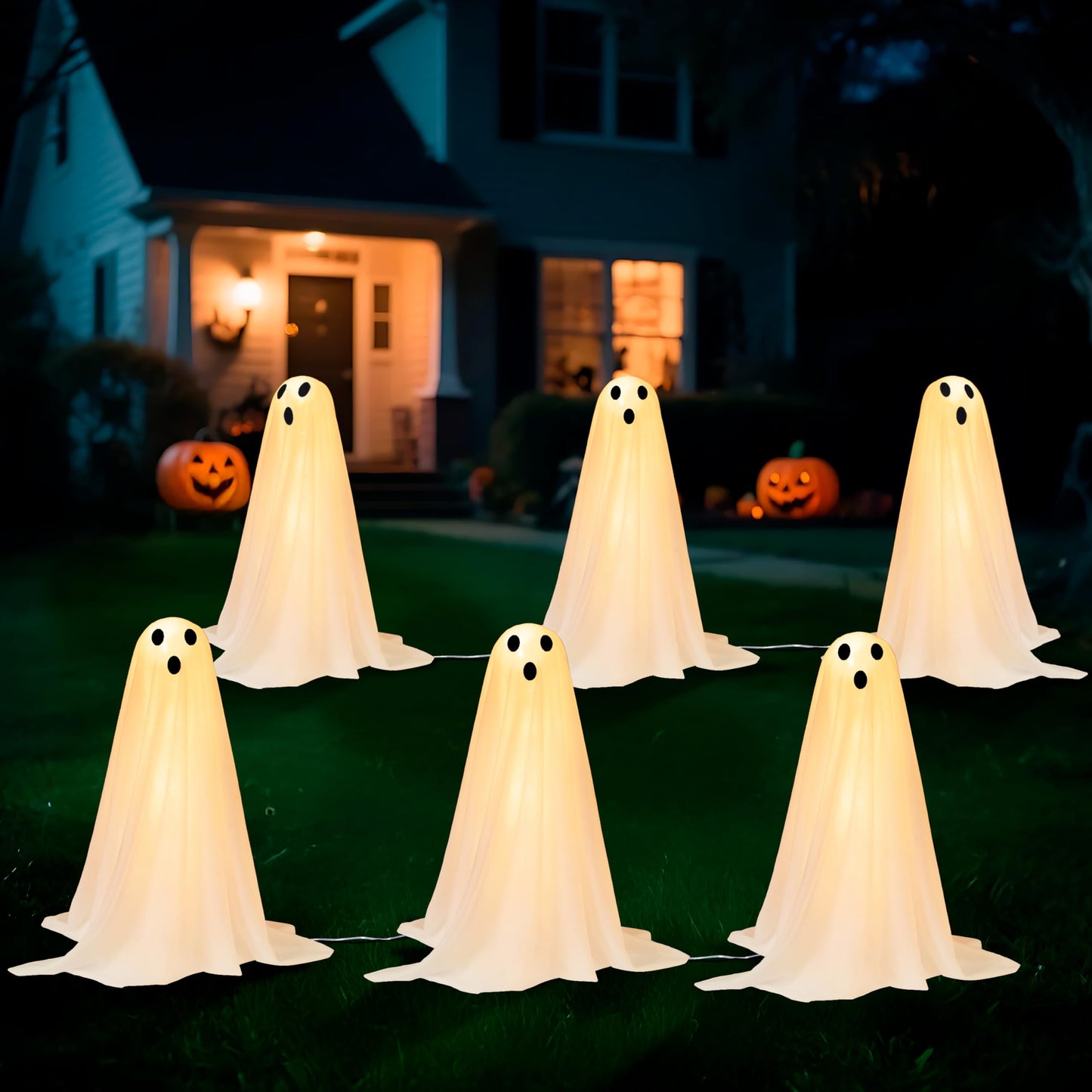 JOYIN 3 Pcs Halloween Decorations Outdoor Ghosts Pathway Lights, 18” White Cloth Ghost with White Light Up Yard Stakes for Graveyard Yard Lawn Garden Prop, Party Decor Supplies