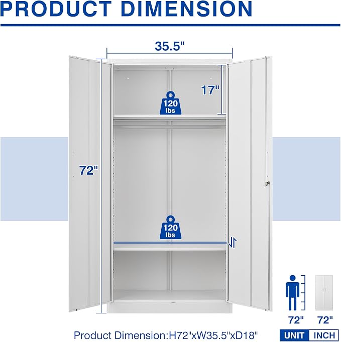 BYNSOE Metal Storage Cabinet 72'' Metal Locker with Locking Storage Locker with Hanging Rod for Office Hospital Require Assembly (White)