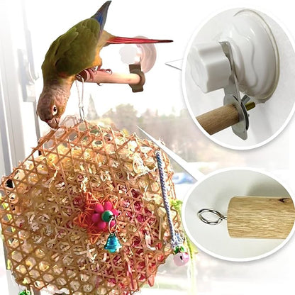 Bird Window/Bath/Car/Travel Perch Stand with Suction Cup for Small and Medium Bird Parrot Parakeet Cockatiel Conure Budgie Lovebirds (Simple Wood Perch)