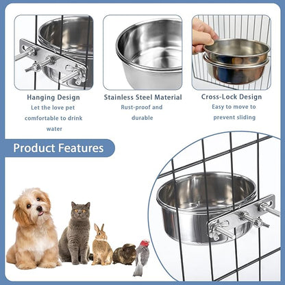 Stainless Steel Pet Crate Bowls, 2-Pack Rabbit Food Water Bowls No Spill Removable Hanging Parrot Feeding Cups Kennel Feeder Coop Cup for Small Medium Pets Birds Bunnies Cats Dogs (M+L)
