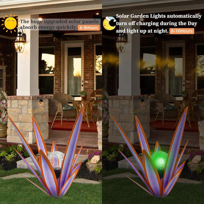 LCJECV Metal Agave Plant Garden Art, 2 Pack Tequila Rustic Sculpture, Rustic Metal Agave Plants Garden Lawn Home Ornaments, for Yard Stakes, Garden Figurines, Outdoor Patio (2 PCS Purple with Light)