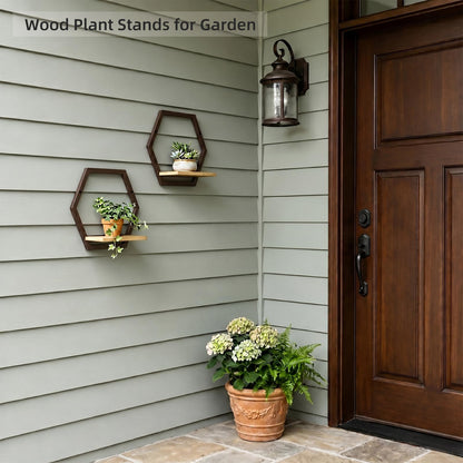 Rioneta 2 Pack Solid Wood & Heavy Duty Metal Wall Plant Stands,9 inch Natural Wood Shelf, Boho Arch Hanging Planter for Indoor 25 LB Load for Plants Coffee