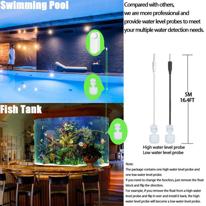 WiFi Water Level Detector with Dual Probe, Smart High/Low Water Level Sensor Alarms, Detached 16.4FT Detection Line, Left and Right Dual Alarms, Remote App Monitoring, Dual Alerts, AAA Battery Powered
