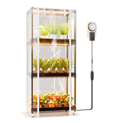 SPECILITE Indoor Greenhouse with Grow Light, DIY 4-Tier Plant Stand with PVC Cover and 99W Full Spectrum 5000K LED Plant Lights, Rolling Plant Shelves with Tent & Timer for Seed Starting, 27x14x59IN