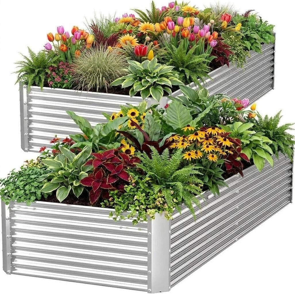 ActiveTrail 2 Pack Galvanized Raised Garden Bed Kit, Large Rectangular Metal Oval Raised Garden Beds, Outdoor Deep Root Box Planter for Gardening, Vegetables, Flowers, Herbs (4x2x1FT, Silver)