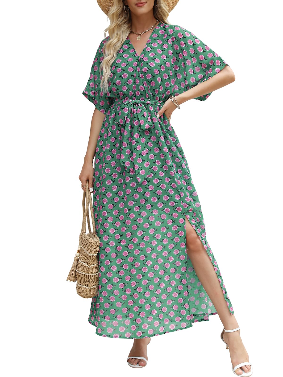 ANRABESS Womens 1/2 Sleeve Beach Wedding Guest Maxi Dresses 2025 Fall Wrap V Neck Boho Floral Flowy Slit Long Summer Dresses