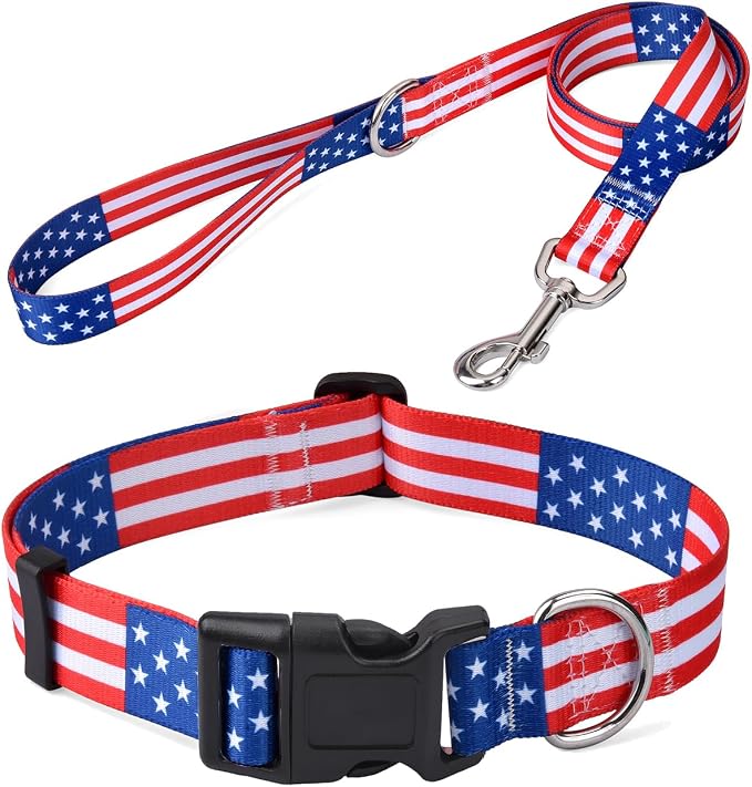 Mihqy American Flag Dog Collar and Leash Set- Patriotic, US Flag Pattern, Star & Stripes, Fourth of July Dog Collar, Adjustable for Small Medium Large Dogs(Classic US Set,M)