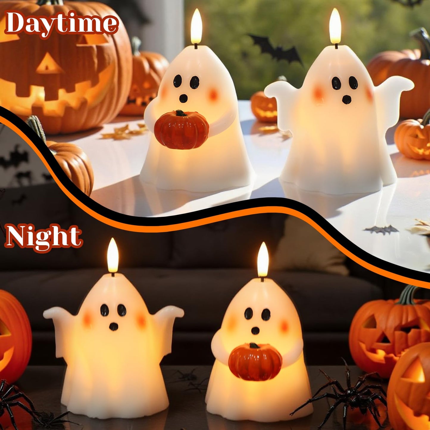 Eldnacele Spooky Ghost Halloween Flameless Candles with Timer Set of 2 Battery Operated LED Pillar Candles Ghost Light Real Wax 3D Wick Flickering Long Lasting Home Indoor Decor(3.5" D x5 H)