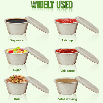 Vmiapxo 100 Sets 2oz Natural Bagasse Fiber Condiment Cups with Lids, Compostable Sauce Condiment Containers Disposable Paper Dishes Serving Sample Cups for Snack Tasting Charcuterie