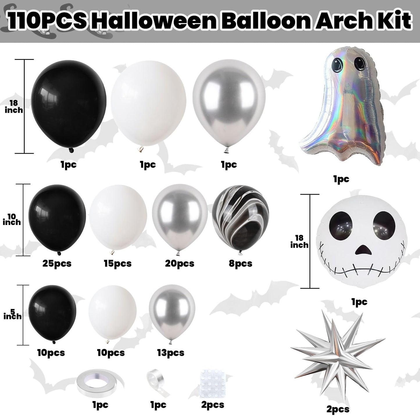 Halloween Balloon Arch Kit,110Pcs Black White and Silver Latex and Foil Balloon with Ghost,Skull Design for Halloween Birthday Bachelorette Baby Shower Wedding Party Decorations