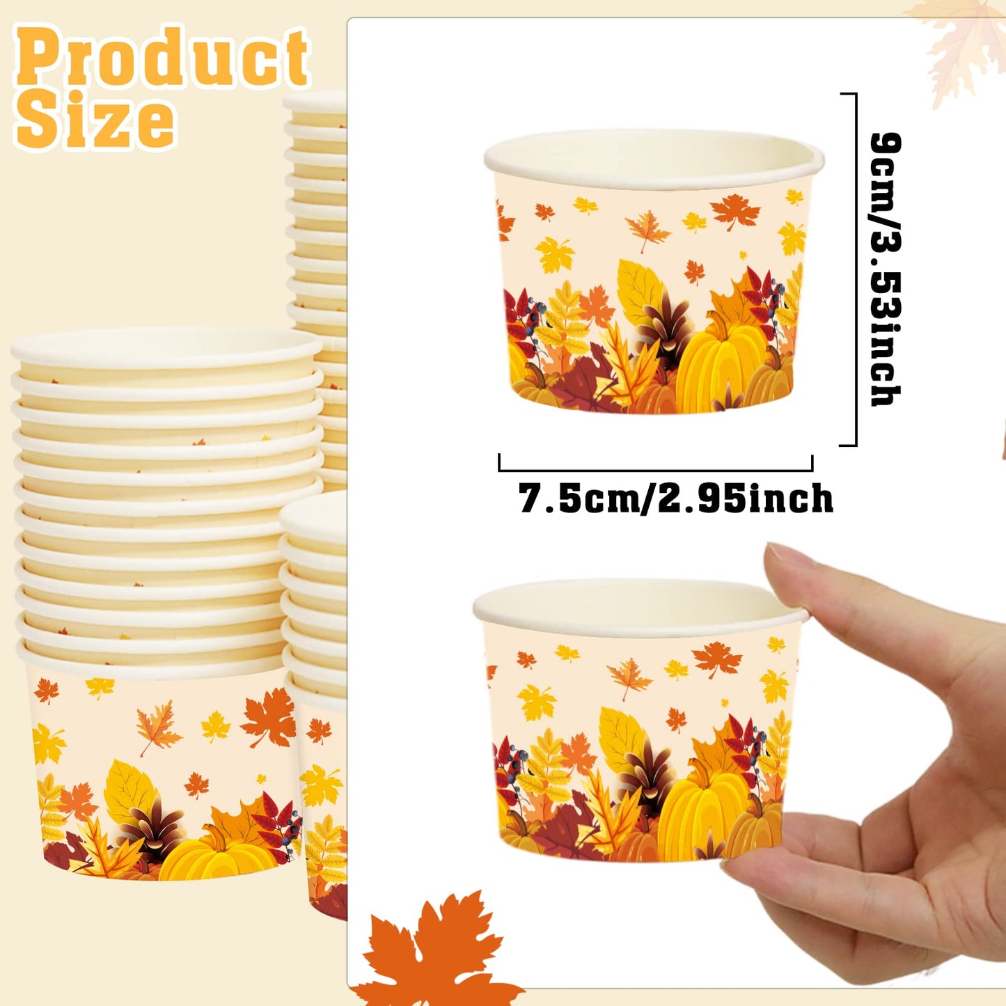 gisgfim 50Pcs Thanksgiving Snack Bowls, Fall Disposable 9 oz Paper Treat Cups Autumn Themed Dessert Bowls Soup Cups for Hot or Cold Food Party Supplies