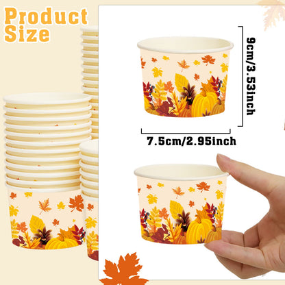 gisgfim 50Pcs Thanksgiving Snack Bowls, Fall Disposable 9 oz Paper Treat Cups Autumn Themed Dessert Bowls Soup Cups for Hot or Cold Food Party Supplies
