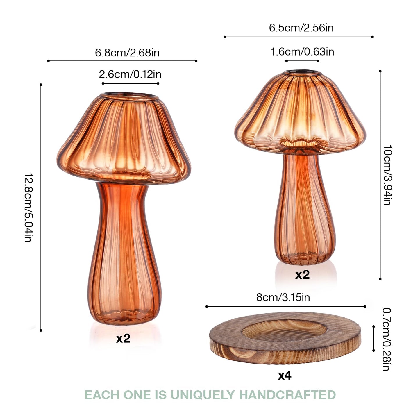 NiHome Mushroom Glass Planter with Wooden Base Set of 4, Cute Indoor Greenery Plant Propagation Stations,High Borosilicate Glass Mushroom Gifts Vases for Flowers,Hydroponics & Home Decor (Brown)