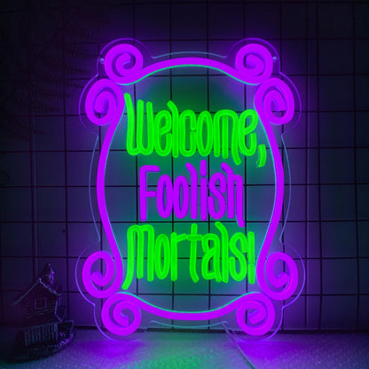 Welcome Foolish Mortals Neon Sign, Haunted Mansion Decor, Halloween Neon Signs for Wall Decor, Dimmable LED Spooky Gothic Coffin Neon Signs, Haunted Mansion Neon Sign for Halloween Party Man Cave