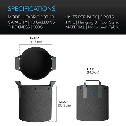 AC Infinity 10-Gallon Fabric Pots & Self-Watering Base XL Bundle – 5 Heavy-Duty Grow Bags with 4 Extra Large Auto-Irrigation Water Delivery Saucers for Indoor Tents, Greenhouses, and Gardens