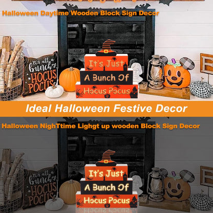 GOSUOA Halloween Wooden Block Sign with Led Lights Letters,Halloween Decorations Indoor,Halloween table decor,Battery Operated Halloween Party Decorations for Mantels, Tiered Trays, Shelves