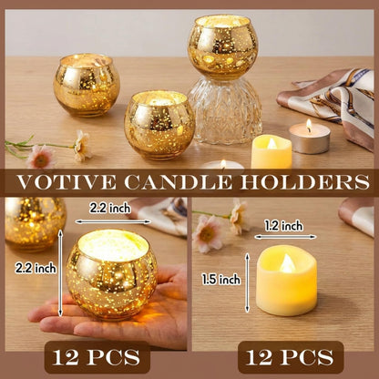 Rtteri 12 Set Votive Candle Holders Wedding Centerpiece Table Decorations Speckled Mercury Glass Votive Candle Holders with Tea Lights Birthday Party Decorations for Home (Gold)