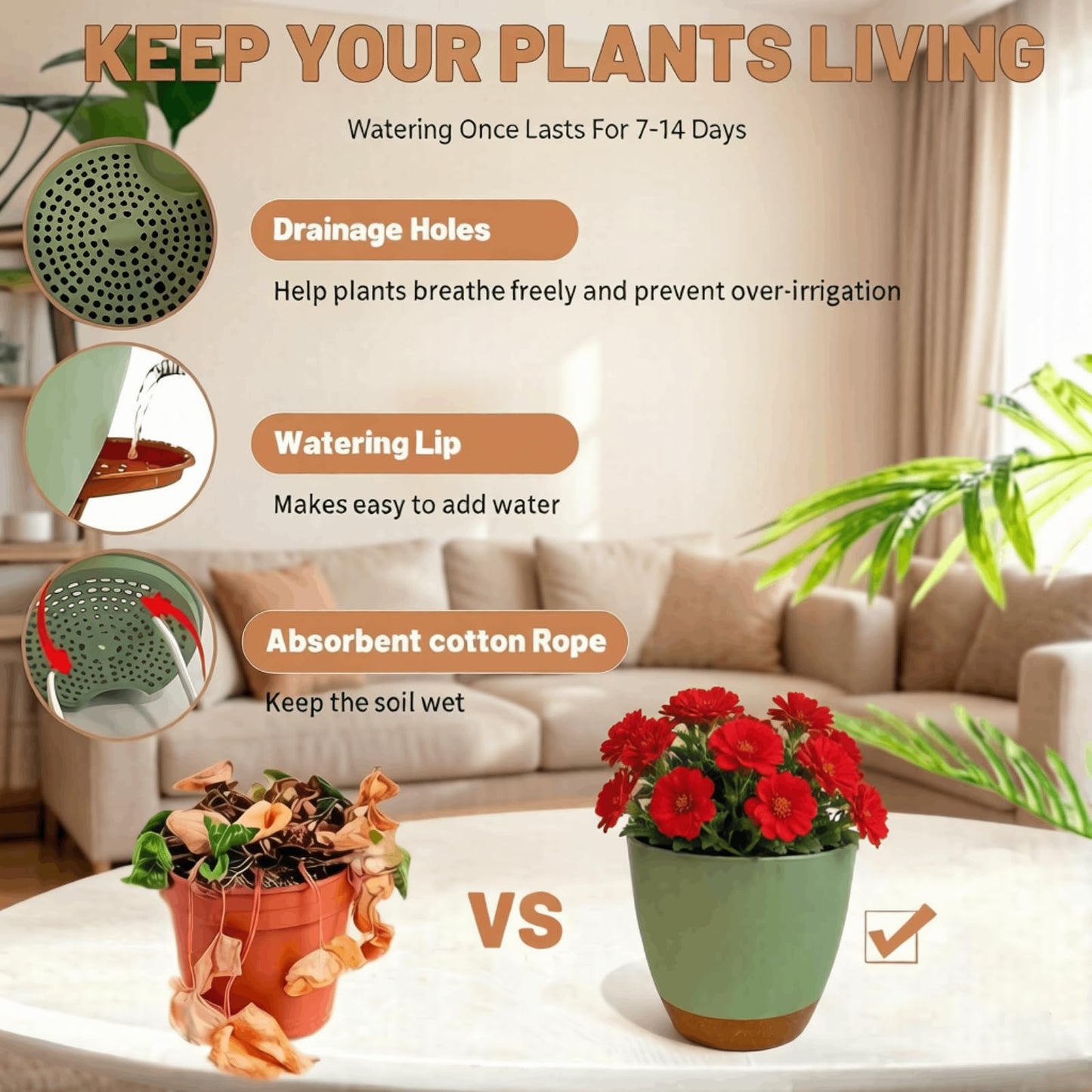 moniko Plant Pots 12/10/9/8 Inch Self Watering Pots, Plastic Flower Pots with Multi Mesh Drainage Holes and Water Level， Nursery Planting Pot for Indoor Out Door Plants（Green）