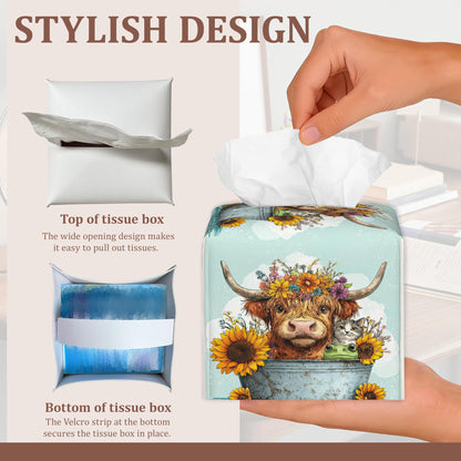 Highland Cow Flowers Square Tissue Box Holder Waterproof Leather Facial Paper Organizer Dispenser for Bathroom Home Kitchen Car Nightstand Vanity Desk，2Pack