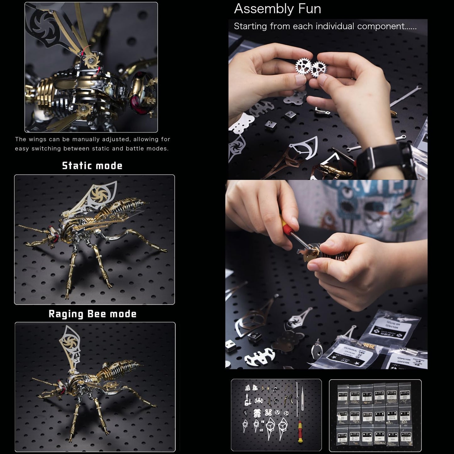 3D Metal Wasp Puzzles for Adults Model Kits Mechanical Puzzle Building Blocks, Difficult DIY Assembly for Men (Metal Wasp-Silver Golden)