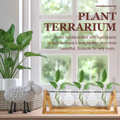 HAKIDZEL Hydroponic Glass Plant Propagation Bottles Set with Wooden Stand, Small Glass Vases for Flowers and Terrarium Planter Home Décor, Desktop Water Propagation Station for Indoor
