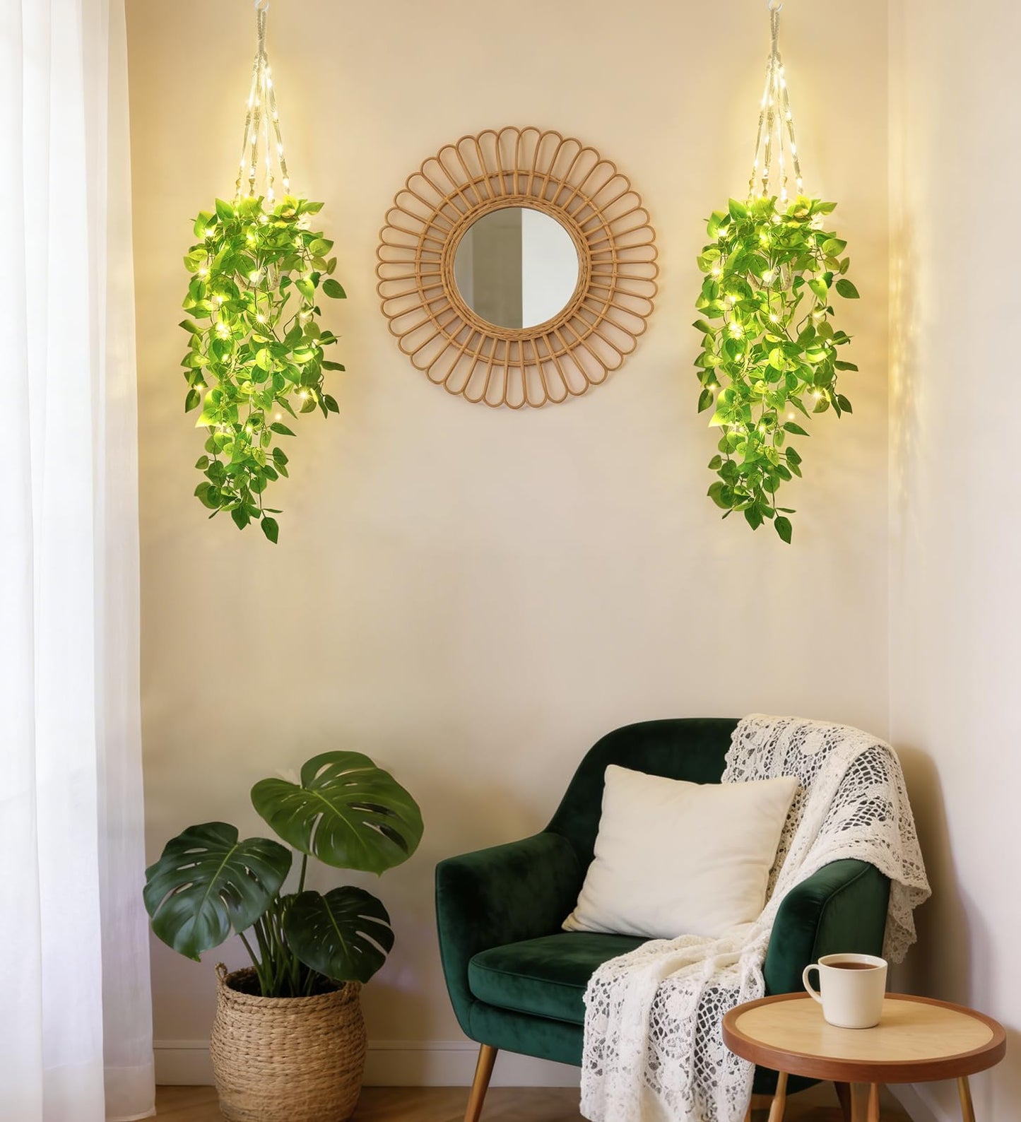 Mkono 2 Packs Fake Hanging Plant with Lights, Artificial Plants for Home Decor Indoor Macrame Plant Hanger with Fake Vines Greenery for Bedroom Bathroom Kitchen Office Decor