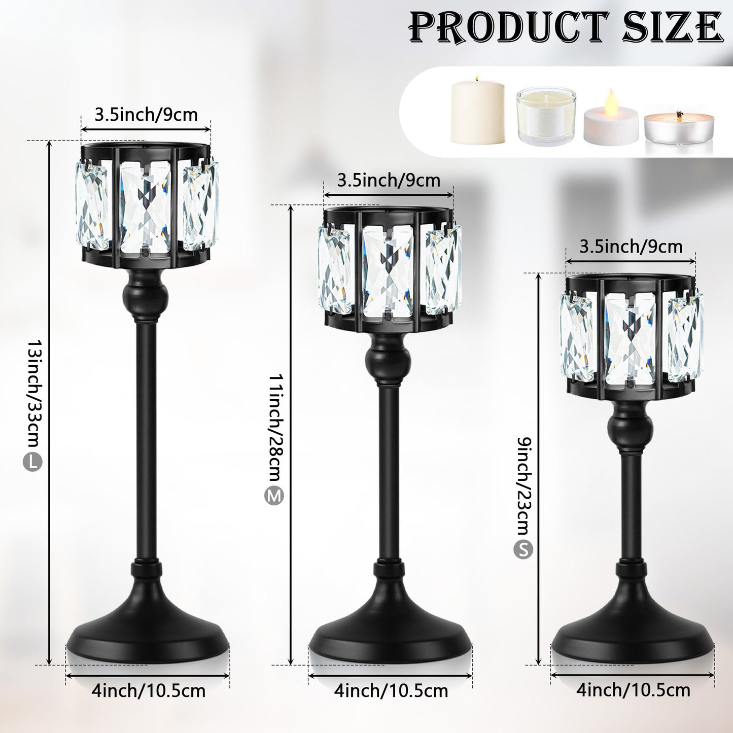 Set of 3 Cup Crystal Tealight Candle Holders, Centerpieces for Table Wedding Centerpieces Crystal Decorative Tealight Candle Dining Table Candle Holder Decor for Party (8.7"+10.6"+12.2", Black)