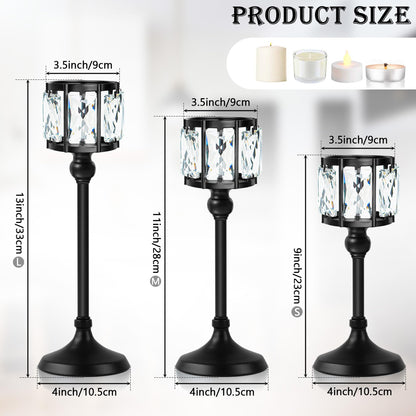 Set of 3 Cup Crystal Tealight Candle Holders, Centerpieces for Table Wedding Centerpieces Crystal Decorative Tealight Candle Dining Table Candle Holder Decor for Party (8.7"+10.6"+12.2", Black)