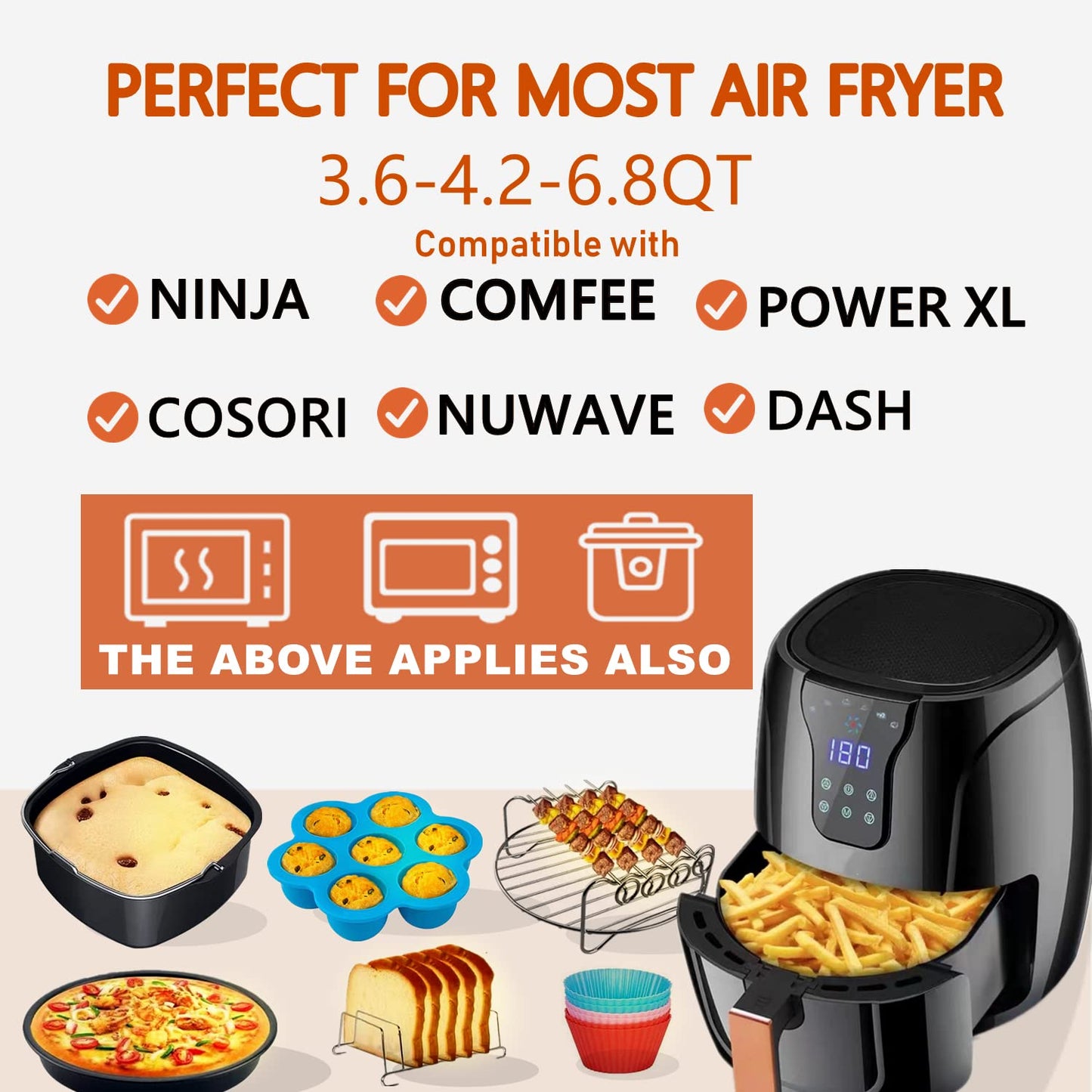 18 PCS Air Fryer Accessories, 8 Inch XL Deep Fryer Accessories Compatible with Gowise USA Phillips Ninjia Cosori Cozyna Air Fryer, Fit 3.6QT- 6.8QT Air Fryer with Cake Pan, Pizza Pan, Air Fryer Liner