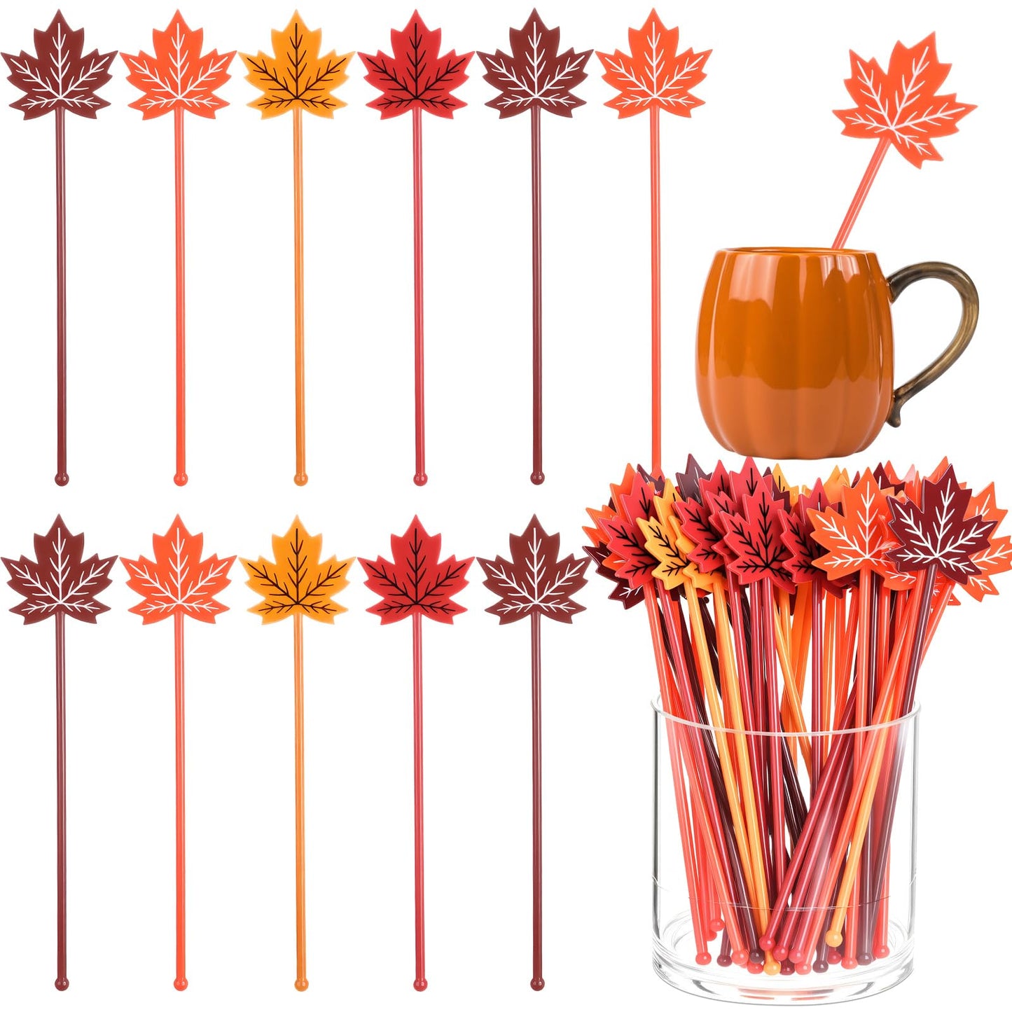 Bokon 30 Pcs Coffee Stirrers Maple Leaf Swizzle Sticks Plastic Cocktail Swizzle Stick 7.5" Reusable Coffee Stirrer Stir Sticks for Thanksgiving Party Christmas Wedding (Orange,Red)