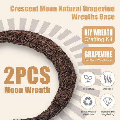 Temfmy Moon Wreath - 14 Inch Crescent Moon Natural Grapevine Wreaths Base - DIY Half Moon Shaped Wreath Making Supplies for Decor - 2 Pack