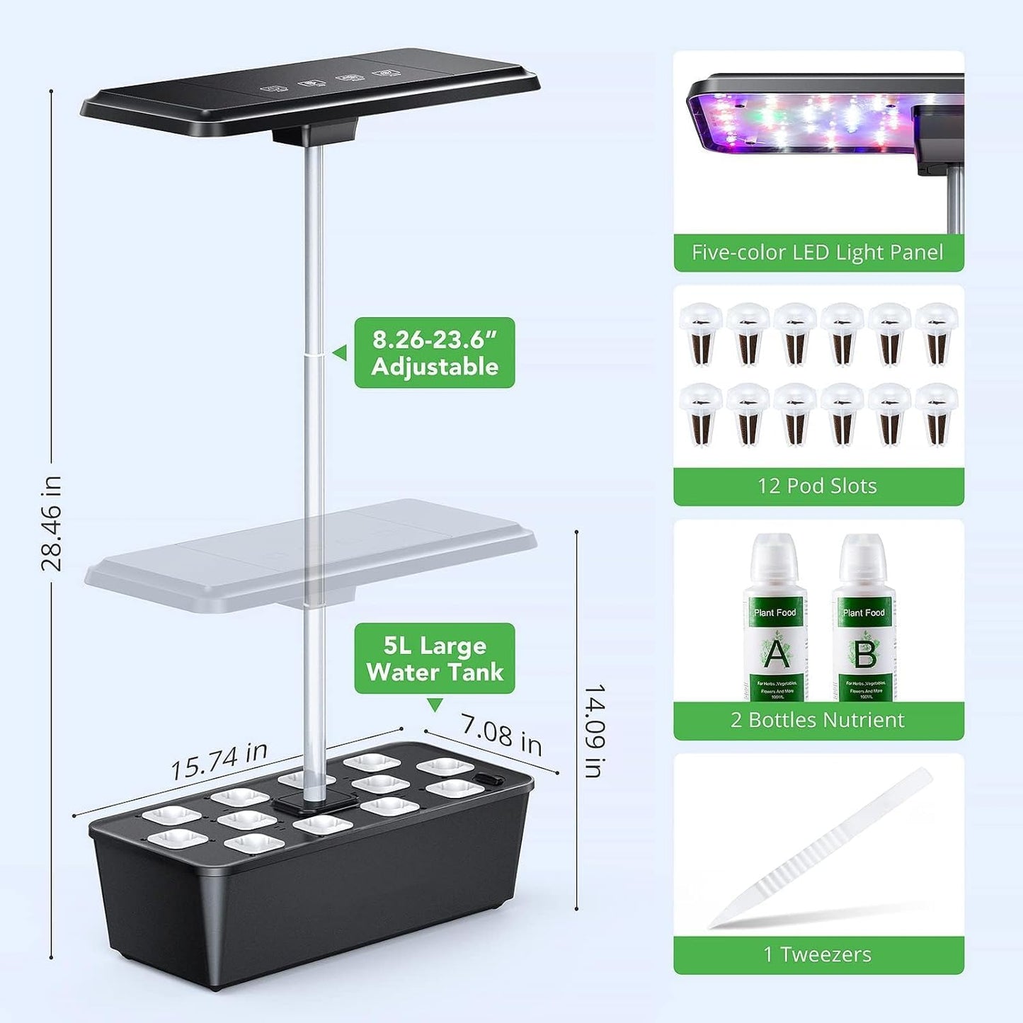 KIMORE 12 Pods Hydroponics Growing System, Indoor Garden with 36W Full Spectrum LED Grow Light in 5 Colors, Height Adjustable Up to 23", Automatic Timer Gardening Gifts for Women Christmas