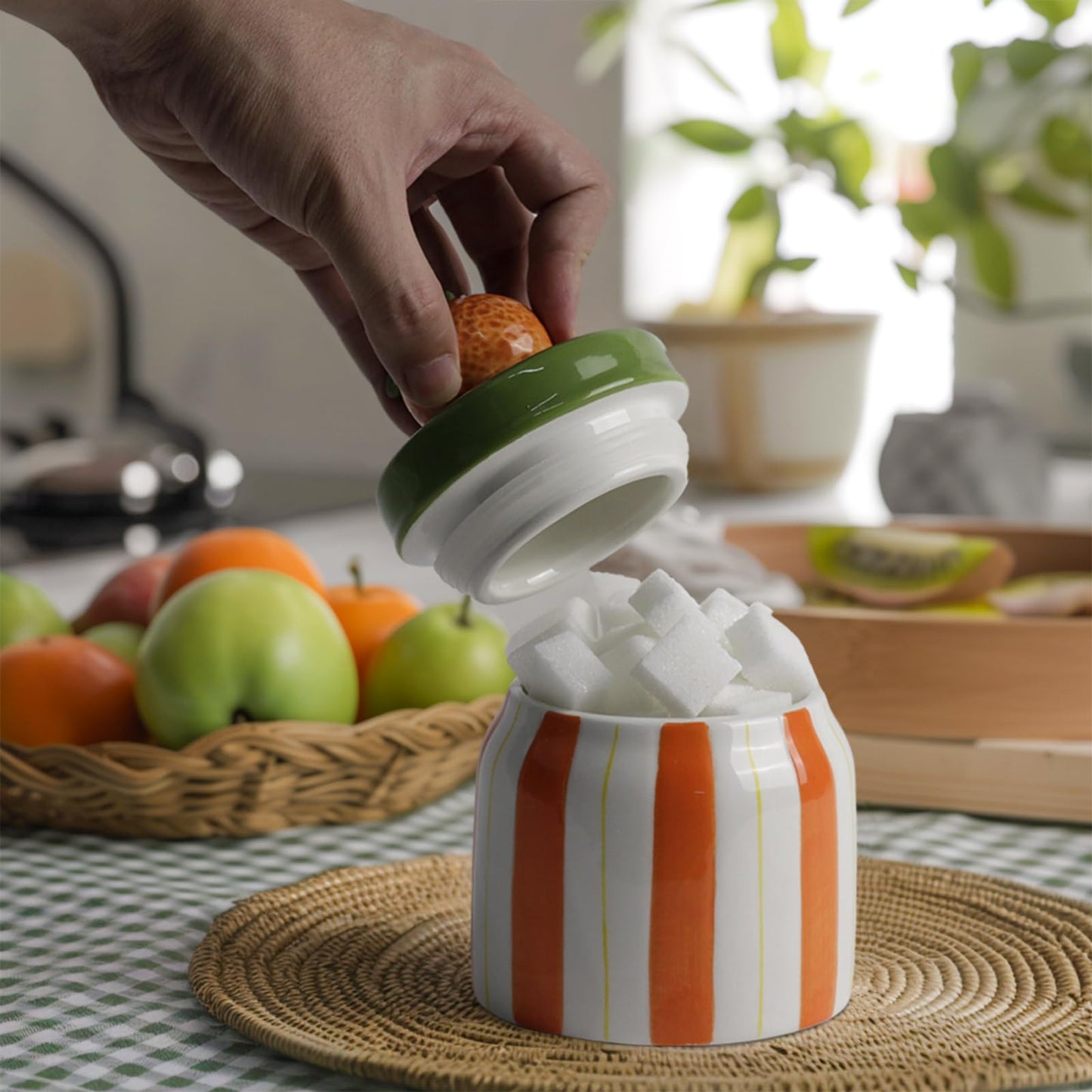 DIF DECO Cookie Jars with Lid Airtight, Hand Painted Orange Ceramic Food Storage Containers with Lids for Home Decor and Kitchen Countertops, For Coffee, Spices, Sugar, Tea, Salt, Honey, Candy, Nut