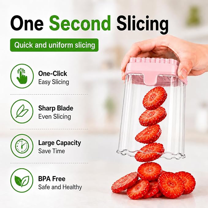 CUNSENR Strawberry Slicer, Fruit Slicer Cup with Stainless Steel Blades, Detachable Strawberry Cutter & Fruit Cutter for Strawberries, Banana, Egg, Cucumber, Mushroom, Quick Meal Prep - Pink