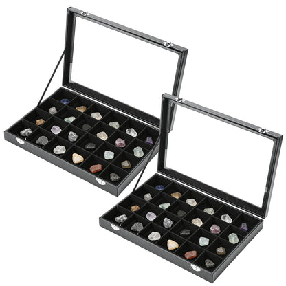Acrux7 2 Pack Rock Collection Display Case, 24 Grid Rock Display Case, Black PU Leather Rocks Collection Box with Clear Glass Lid and Soft Velvet Grids for Collectibles, Gemstone, Crystal, Small Stone
