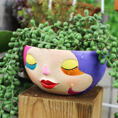 BJVF Unique Face Flower Pot Head Planter - Abstract Colorful Resin Cute Girl Statue Planter with Closed Eyes for Indoor & Outdoor Plants