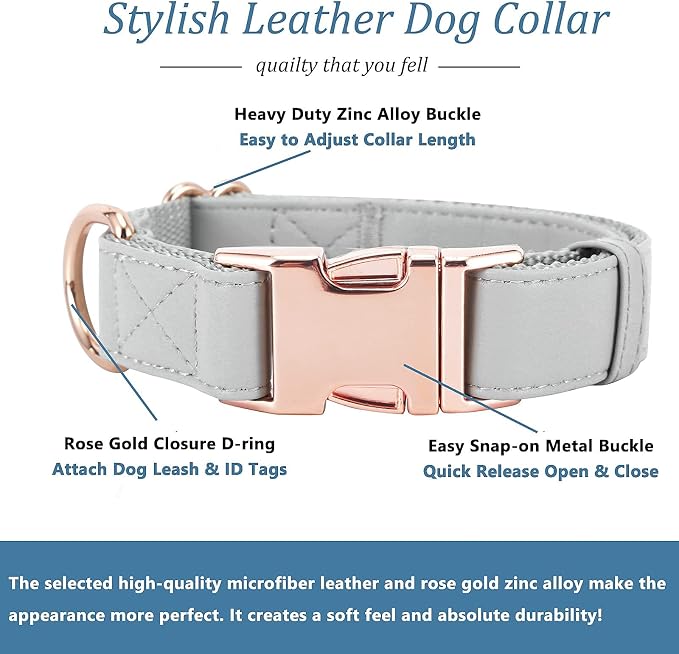 Dog Collar and Leash Set.Soft and Easy to Clean Vegan Leather with Rose Gold Metal Buckle for Small Medium Large Dogs (Grey, M(13.8"-19.7"))