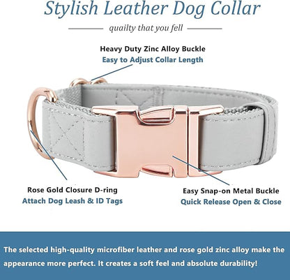 Dog Collar and Leash Set.Soft and Easy to Clean Vegan Leather with Rose Gold Metal Buckle for Small Medium Large Dogs (Grey, M(13.8"-19.7"))