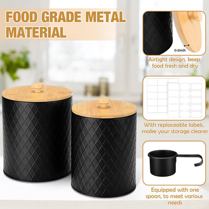 Reallnaive 2 Pcs Black Coffee Canister Set for Kitchen Countertop Bar Flour Sugar Tea Storage Container Farmhouse Metal Spice Jar with Airtight Bamboo Lid Spoon & Labels Housewarming Gift (2 Sizes)