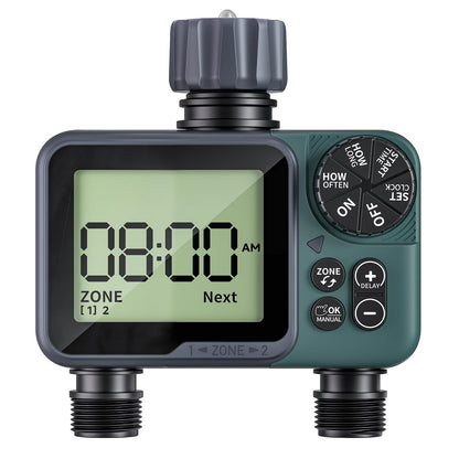 Sprinkler Timer 2 Zone & Digital Water Timer for Garden Hose, Yard, Lawn, Pool – Programmable Irrigation Controller with Rain Delay, IP66 Waterproof Auto & Manual Irrigation System