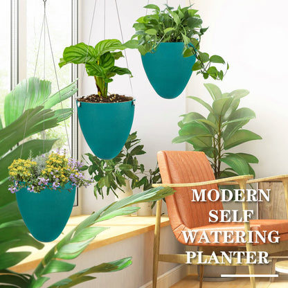 Sungmor Unique Eggshell Self Watering Hanging Planters, 3PC Modern Fashion Teal 7.2" Dia Large Waterself Hanging Pots for Plants, Indoor Outdoor Ceiling Hanging Baskets Flowerpot Wicking Planter Pots