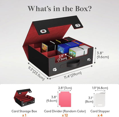 Lifewit Trading Card Storage Box with Handle, Holds Up to 1800 Sleeved Cards with 12 Adujstable Dividers & 4 Stoppers, Aluminum Closure PU Leather Case for MTG, PTCG, YGO, Sports Cards, Black& Red