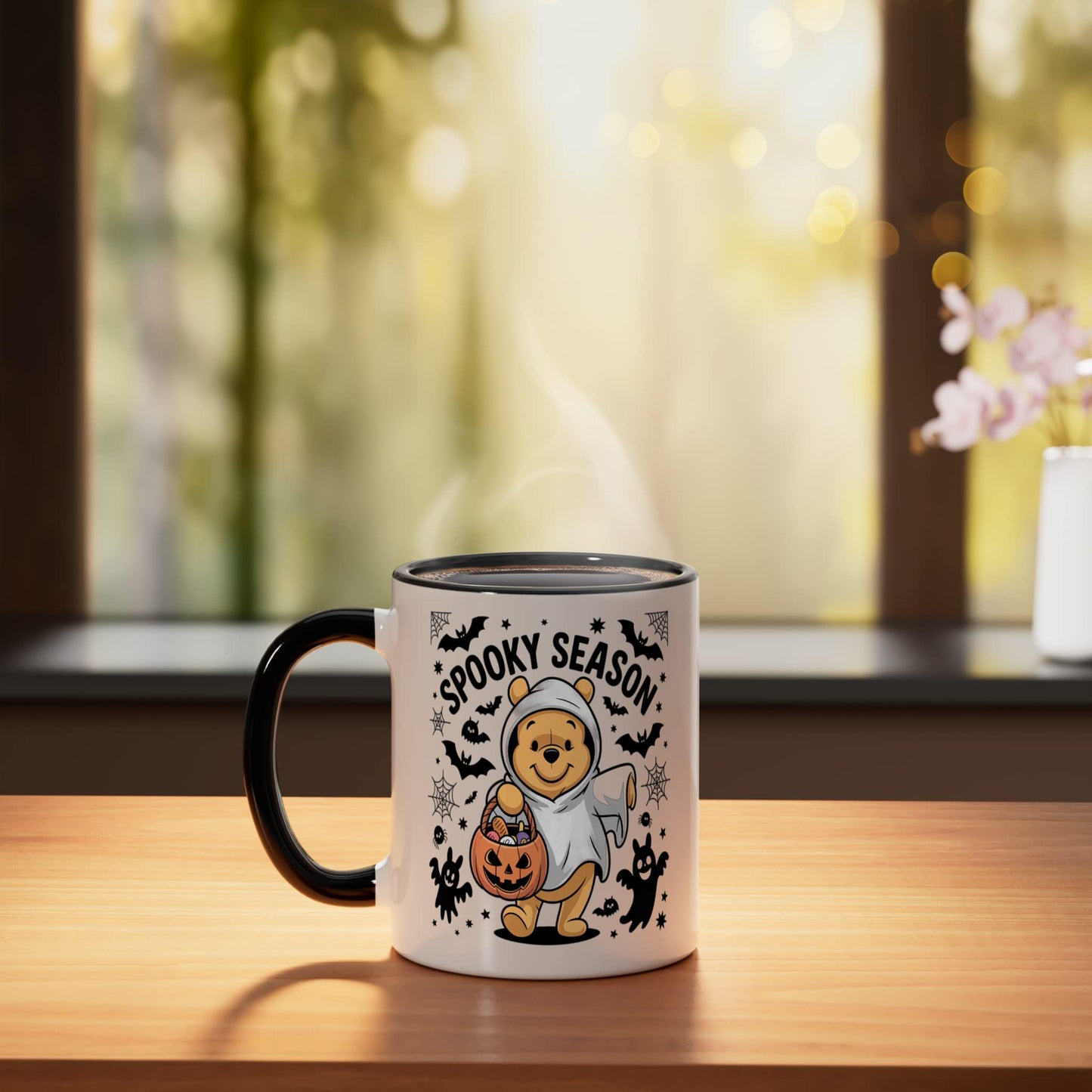 Spooky Season Bear Cute Ghost Treat Halloween Coffee Lover Ceramic Mug, Black/White