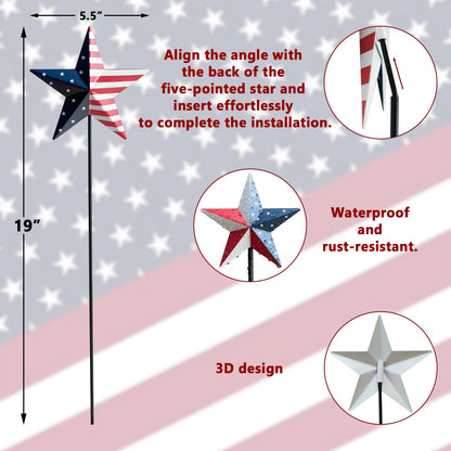 WKHOMEDECO 4th of July Decorations Outdoor 19" Metal Barn Star 6-Pack, Patriotic Outdoor Decorations, Rustic Iron Decorative Garden Stakes with American Flag Stars for Yard Patio Lawn