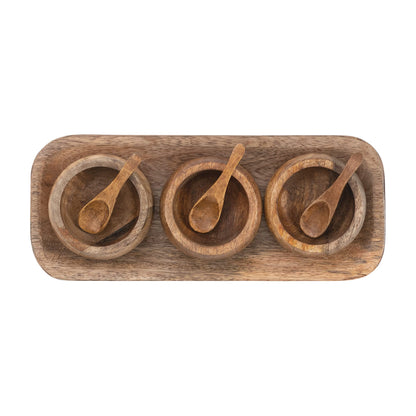 Bloomingville Spice Bowl Set with Wood Spoons on a Mango Wood Tray, Natural, Set of 3