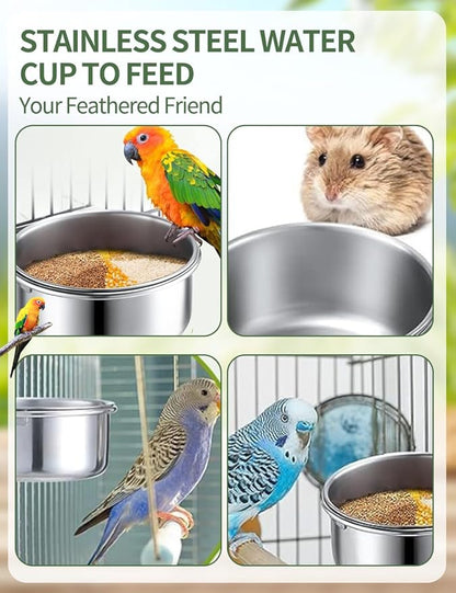 2Pack Stainless Steel Bird Feeding Bowls,Small Bird Feeding Cup Stainless Steel Parrot Food Bowl,Cage with Holder Parrot Cage Water Feeder for Pet Cage Cup Holder/Bird Owners