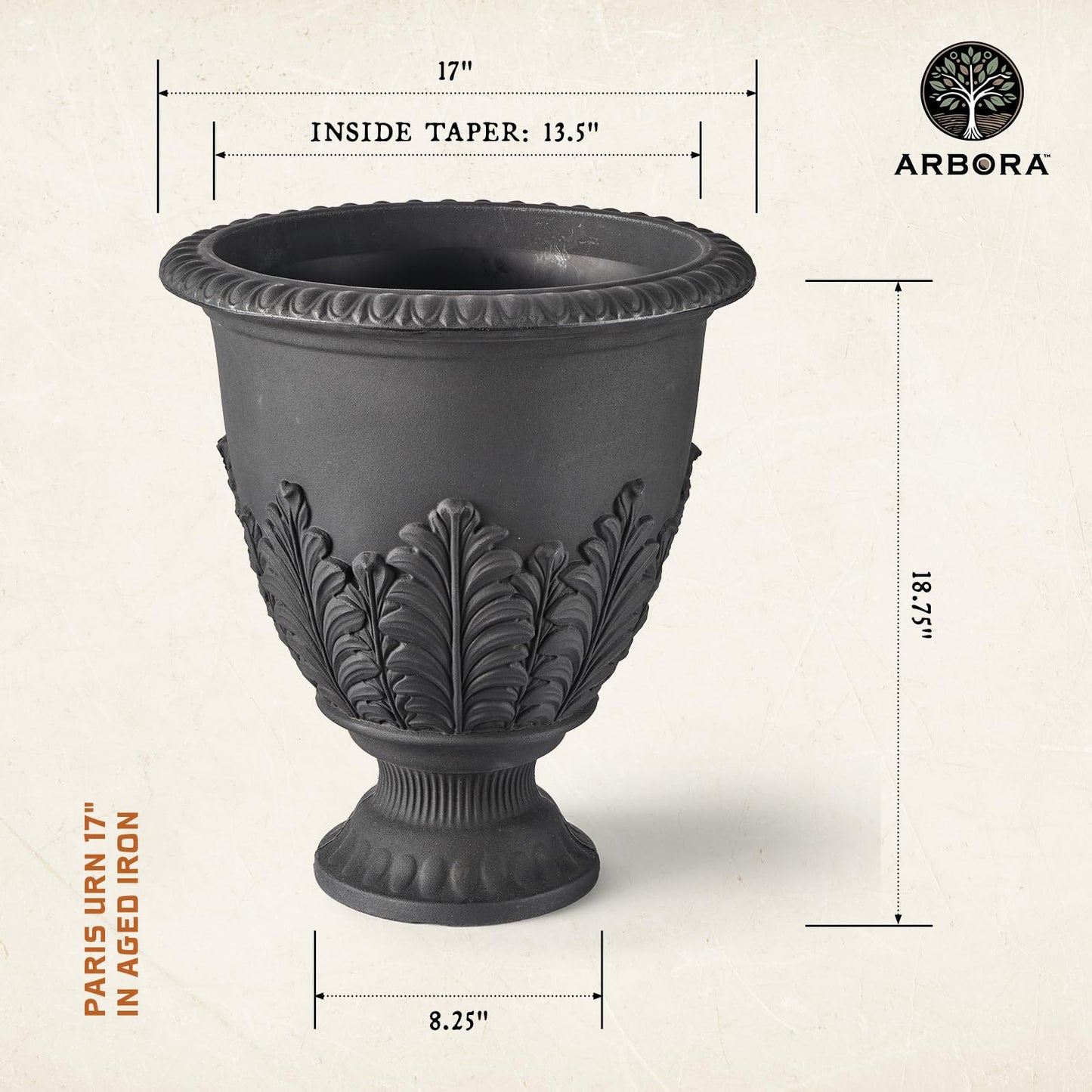 ARBORA 17" Paris Urn Polyresin Indoor and Outdoor Planter with Black Finish - Durable, Weatherproof, Lightweight, Large Plant Pot for Patio, Garden, Deck, Entryway