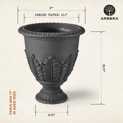 ARBORA 17" Paris Urn Polyresin Indoor and Outdoor Planter with Black Finish - Durable, Weatherproof, Lightweight, Large Plant Pot for Patio, Garden, Deck, Entryway