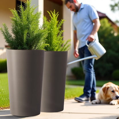 GDFStudio 21.7" Tall Planters Set of 2, Large Planter Pots with Drainage Holes, UV and Crack Resistant, Modern Matte Finish for Indoor Outdoor Balcony Patio Garden, Brown